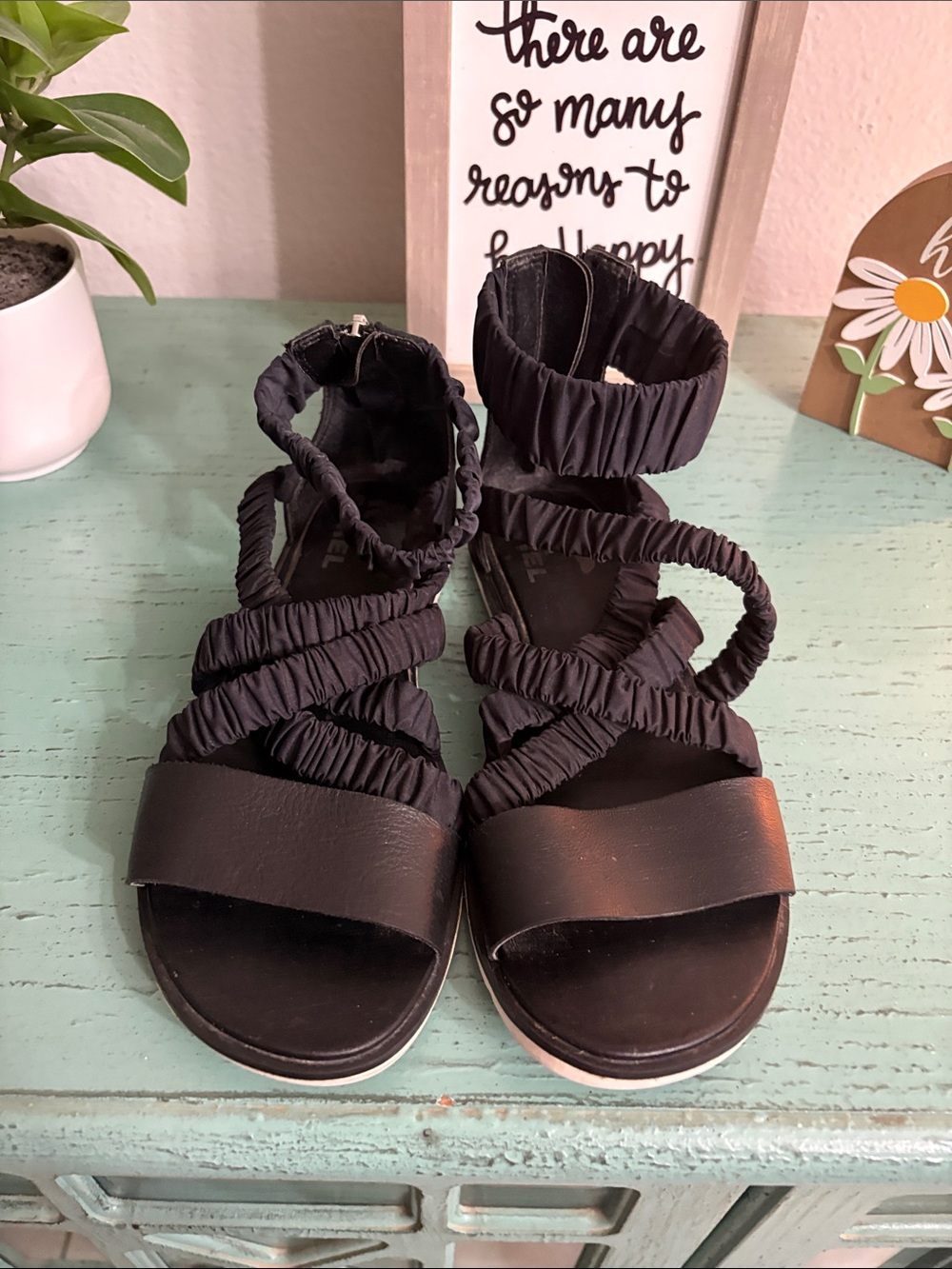 Sorel Black Ruched Strap Platform Sandals
